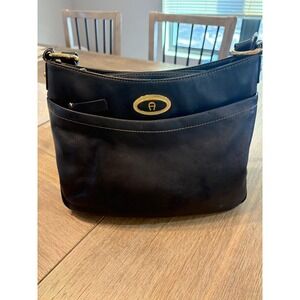 Aigner Navy Leather Shoulder Bag Gold Tone Logo Front Pocket Adjustable Strap